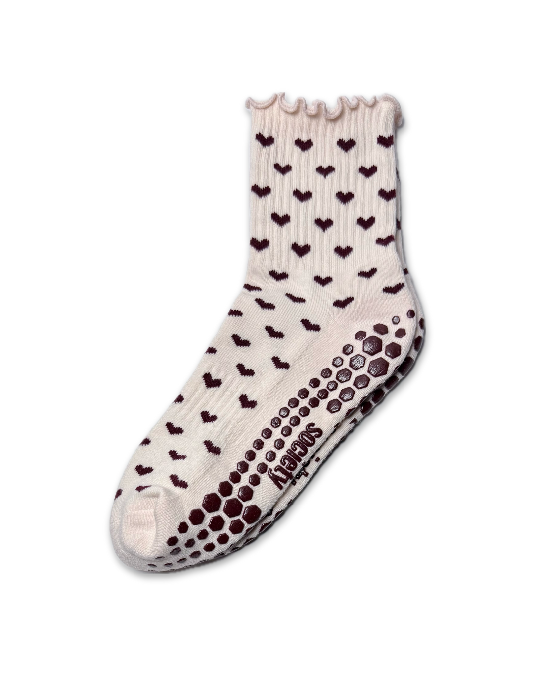 Mini Hearts Ruffle Crew Grip Sock - Burgundy