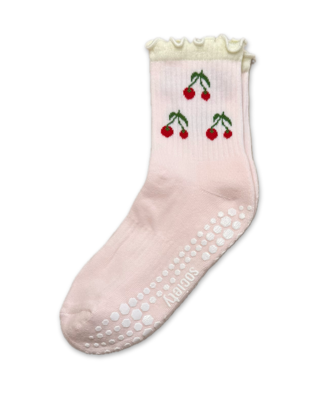 Cherry Ruffle Crew Grip Sock - Powder Pink