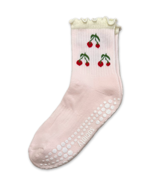 Cherry Ruffle Crew Grip Sock - Powder Pink