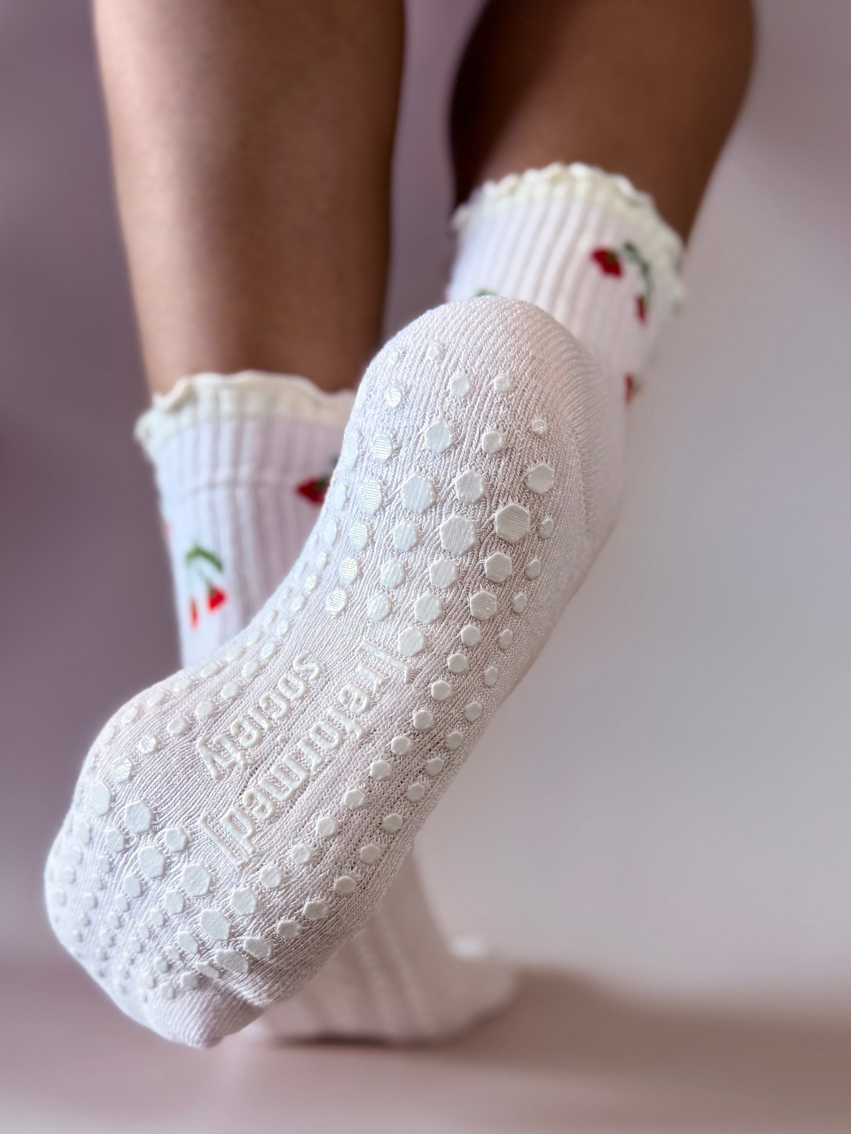 Cherry Ruffle Crew Grip Sock - Powder Pink