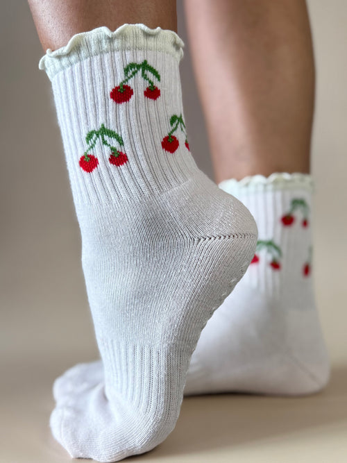 Cherry Ruffle Crew Grip Sock - Powder Pink