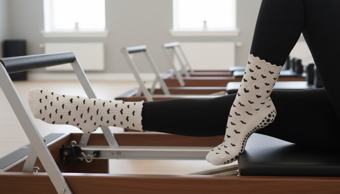 Person wearing black leggings and pink socks with black polka dots on a white background