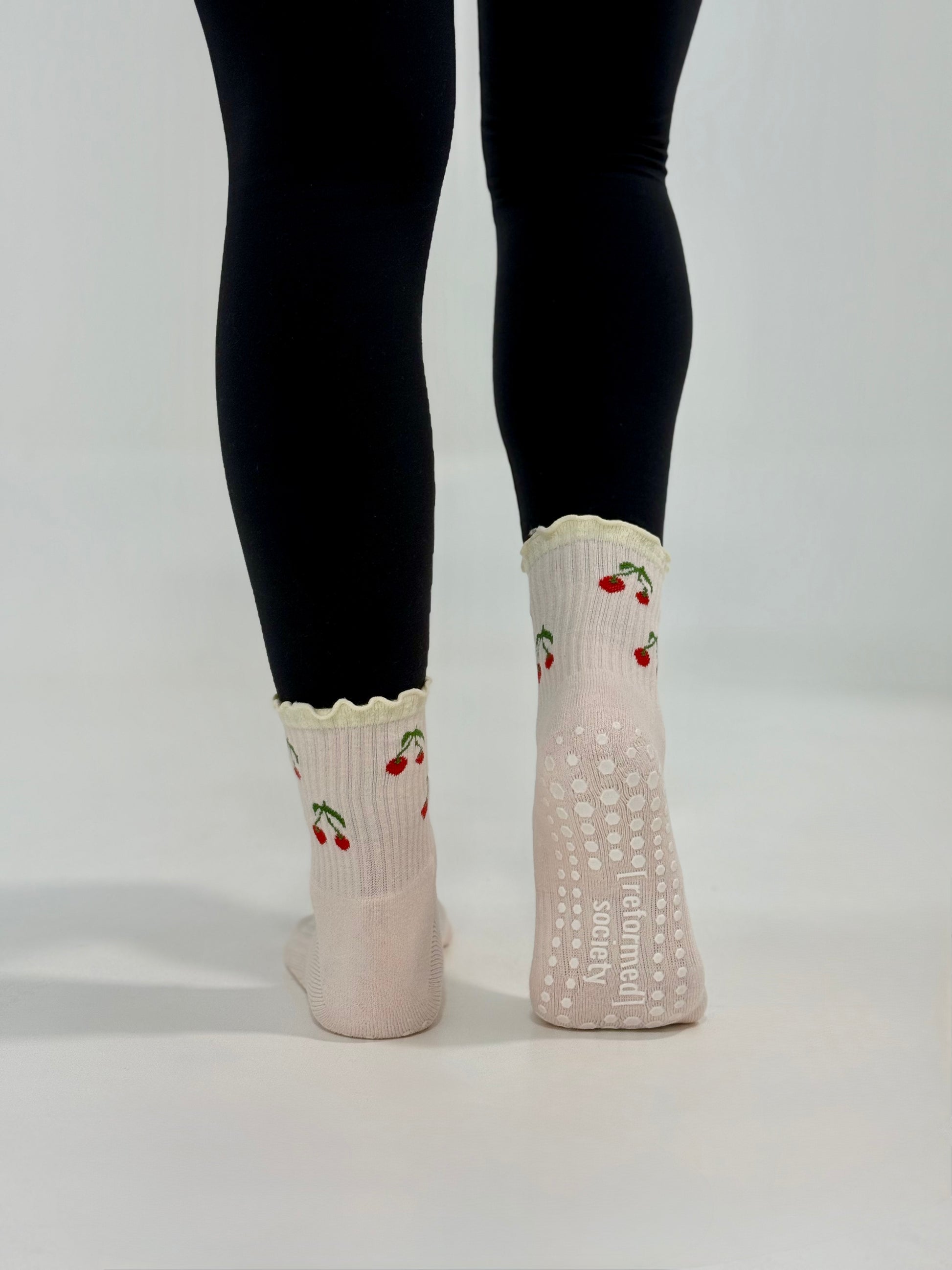 Cherry Ruffle Crew Grip Sock - Powder Pink