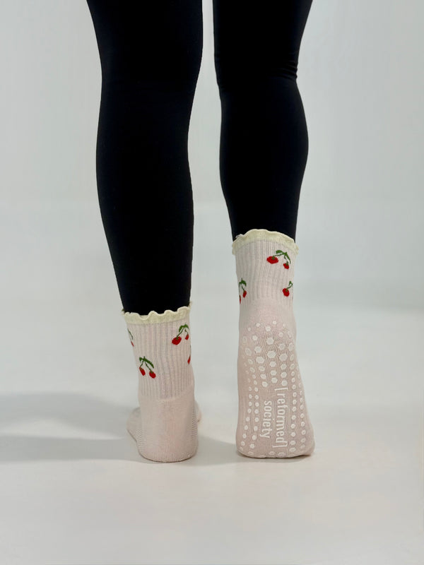 Cherry Ruffle Crew Grip Sock - Powder Pink